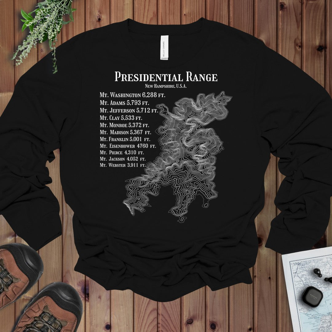 Presidential Range Mount Washington Topo Rings Long Sleeve T-Shirt in Black
