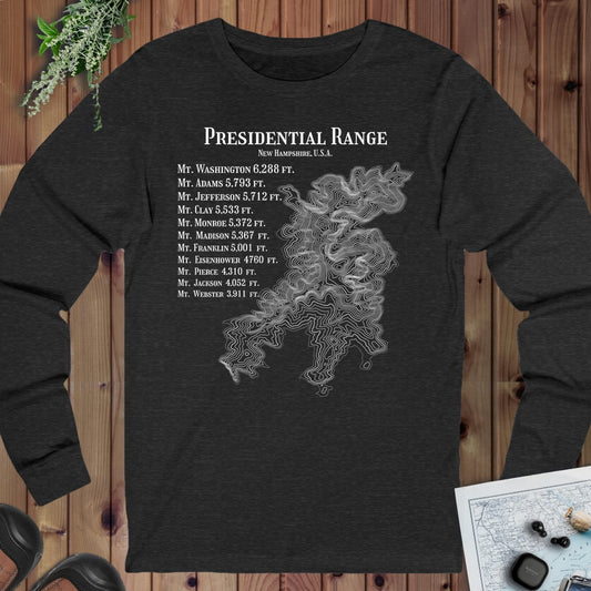Presidential Range Mount Washington Topo Rings Long Sleeve T-Shirt in Dark Grey Heather