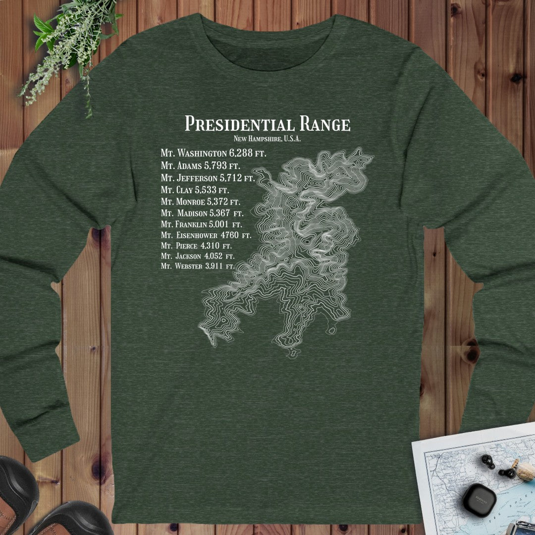 Presidential Range Mount Washington Topo Rings Long Sleeve T-Shirt in Heather Forest