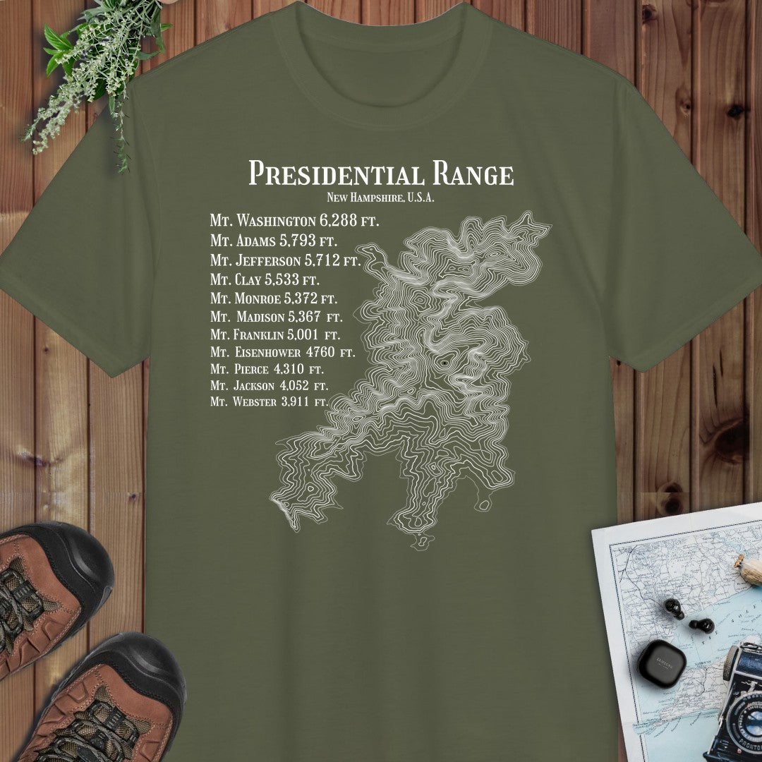 Presidential Range Mount Washington Topo Rings Performance T-Shirt in Military Green