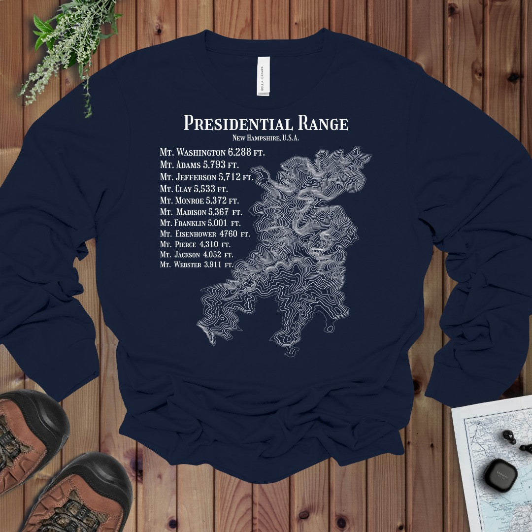 Presidential Range Mount Washington Topo Rings Long Sleeve T-Shirt in Navy