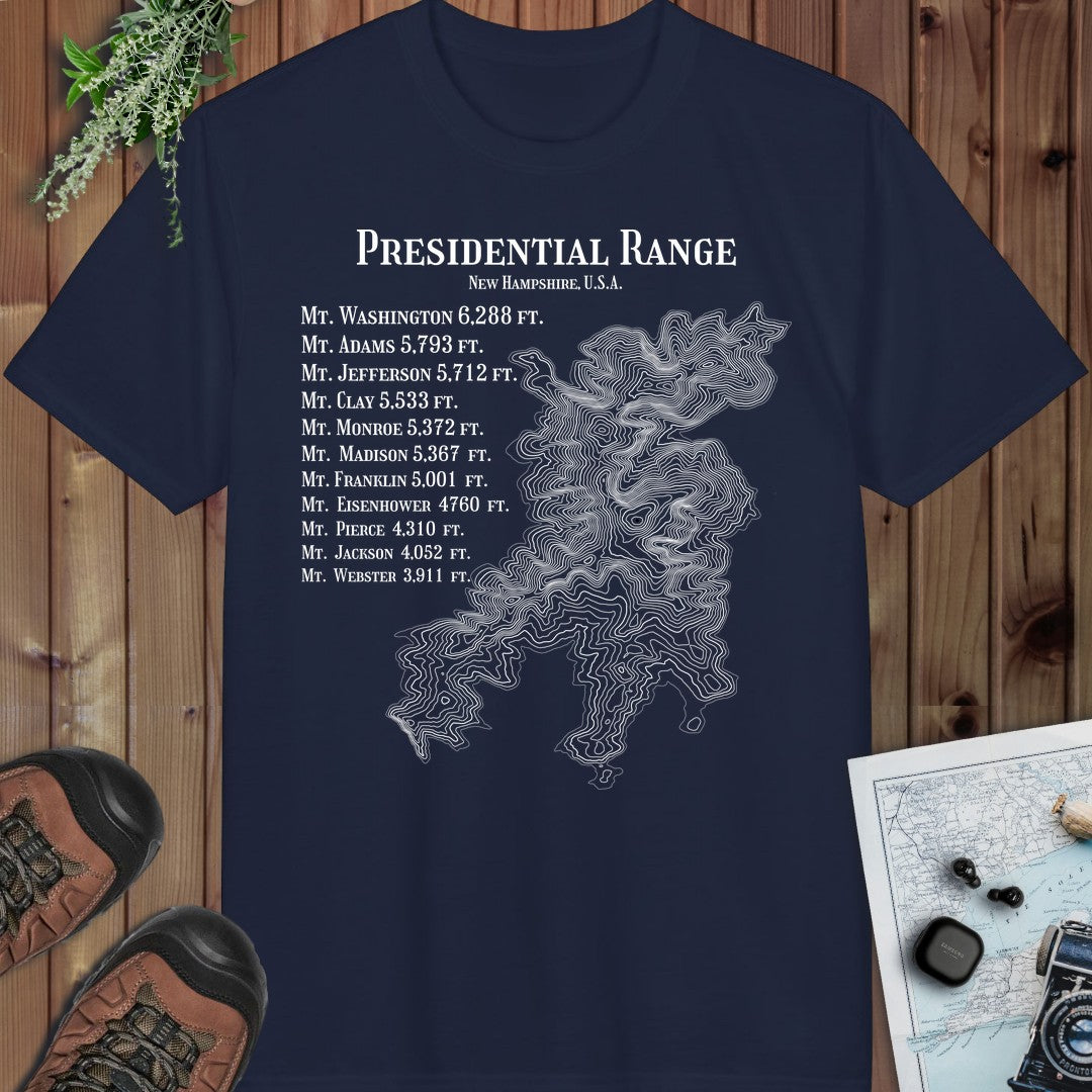Presidential Range Mount Washington Topo Rings Performance T-Shirt in Navy