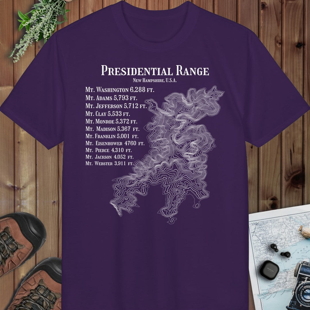 Presidential Range Mount Washington Topo Rings Performance T-Shirt in Purple