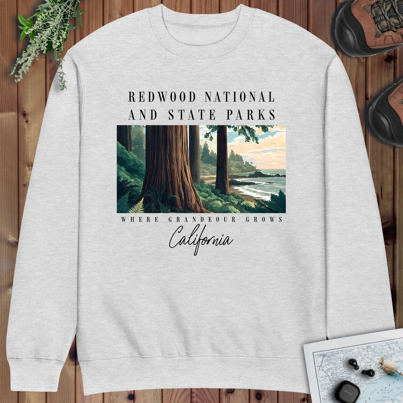 Redwood State and National Parks Fleece Hoodie Crewneck Sweatshirt in Heather Grey