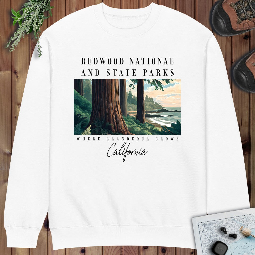 Redwood State and National Parks Fleece Hoodie Crewneck Sweatshirt in White