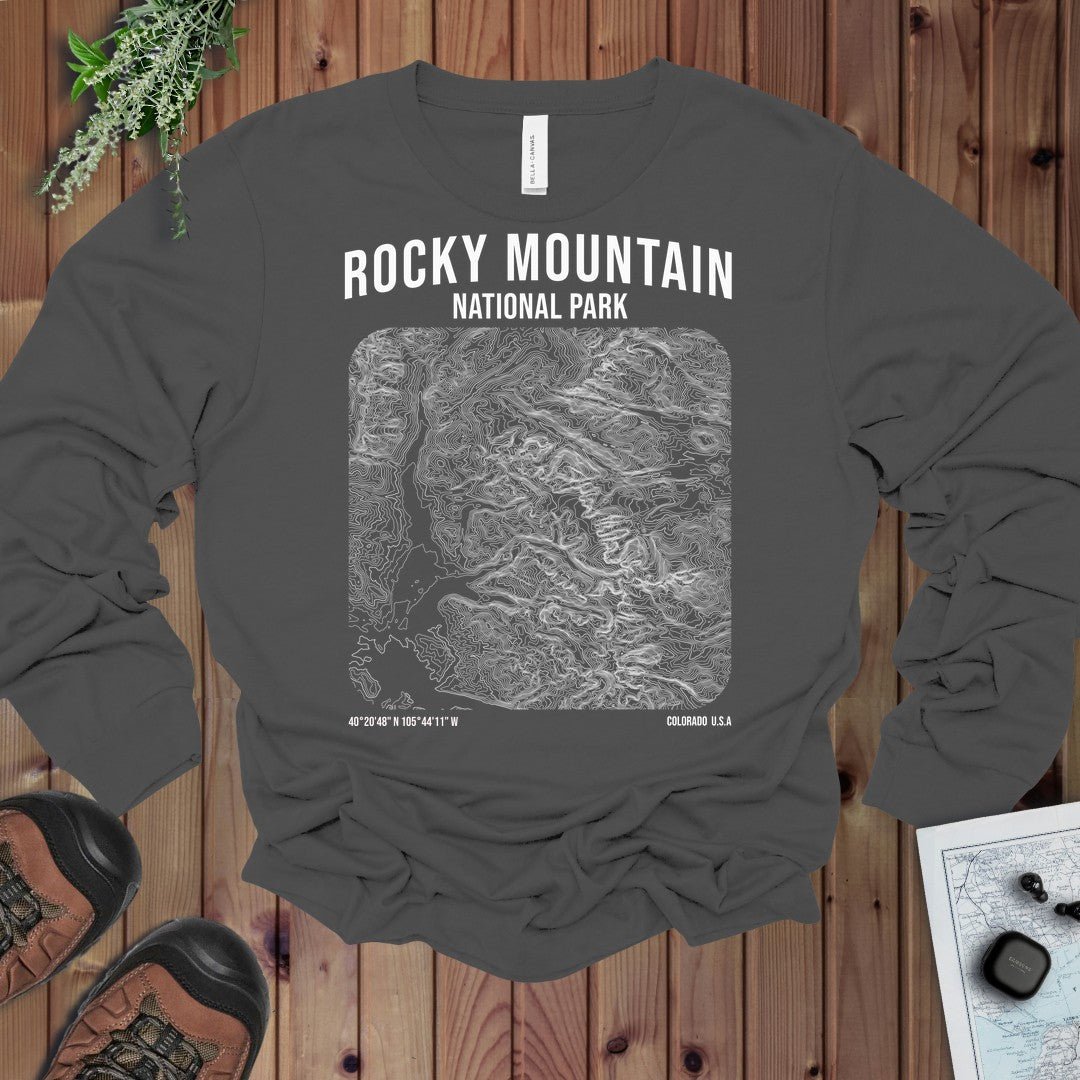 Rocky Mountain National Park Topo Lines Long Sleeve T-Shirt in Asphalt