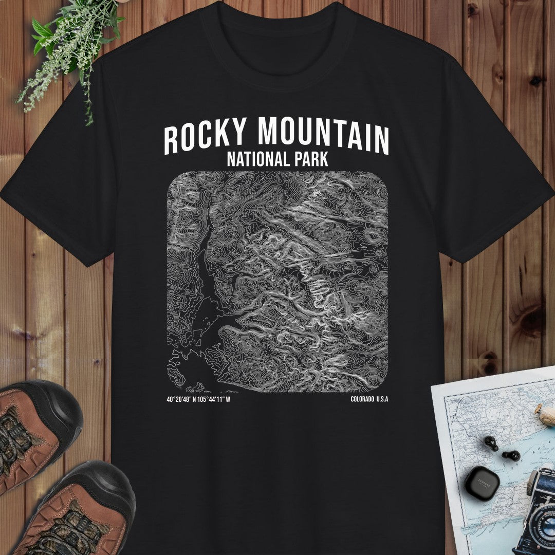 Rocky Mountain National Park Topo Lines Performance T-Shirt in Black