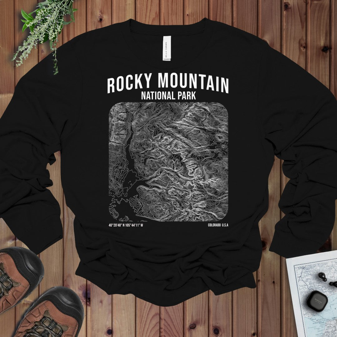 Rocky Mountain National Park Topo Lines Long Sleeve T-Shirt in Black