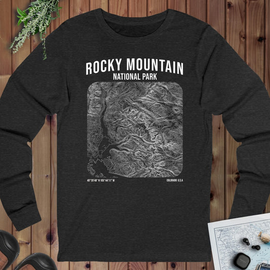 Rocky Mountain National Park Topo Lines Long Sleeve T-Shirt in Dark Grey Heather