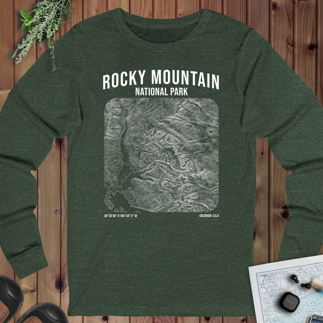 Rocky Mountain National Park Topo Lines Long Sleeve T-Shirt in Heather Forest