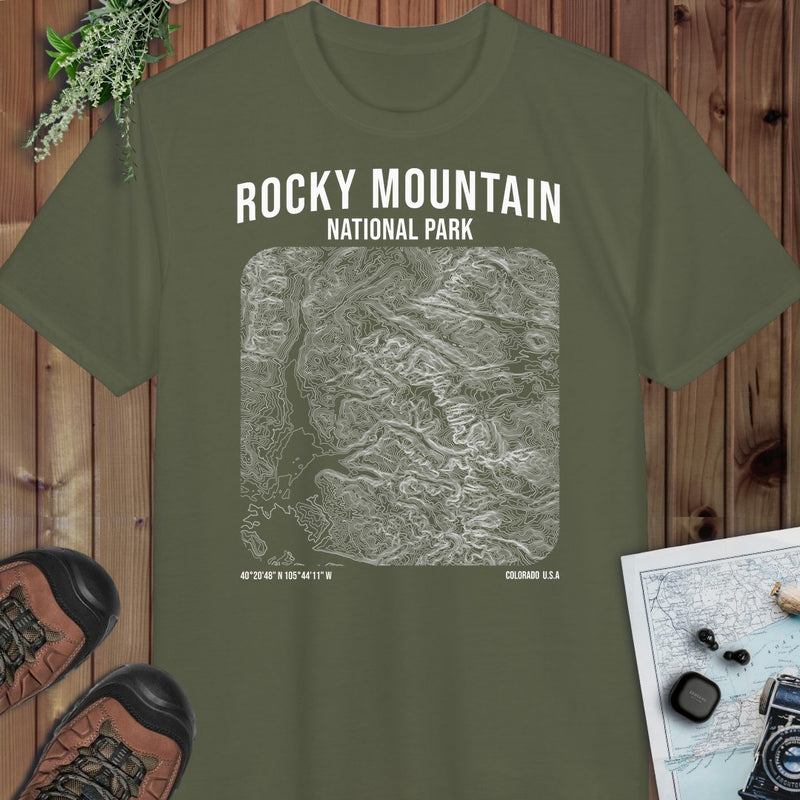 Rocky Mountain National Park Topo Lines Performance T-Shirt in Military Green