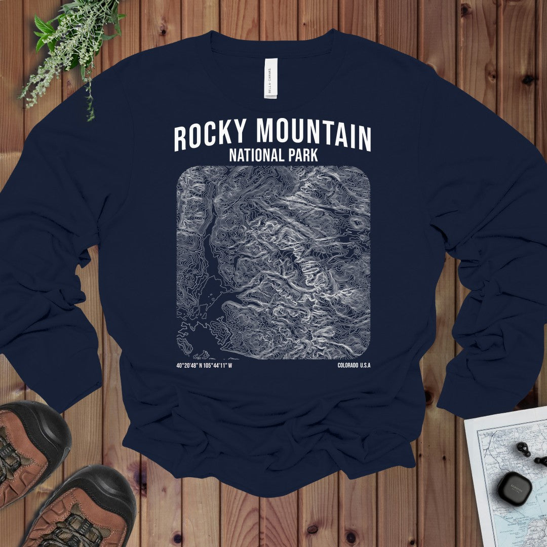 Rocky Mountain National Park Topo Lines Long Sleeve T-Shirt in Navy
