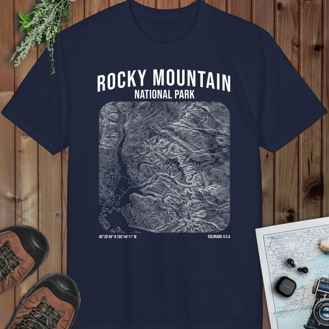 Rocky Mountain National Park Topo Lines Performance T-Shirt in Navy