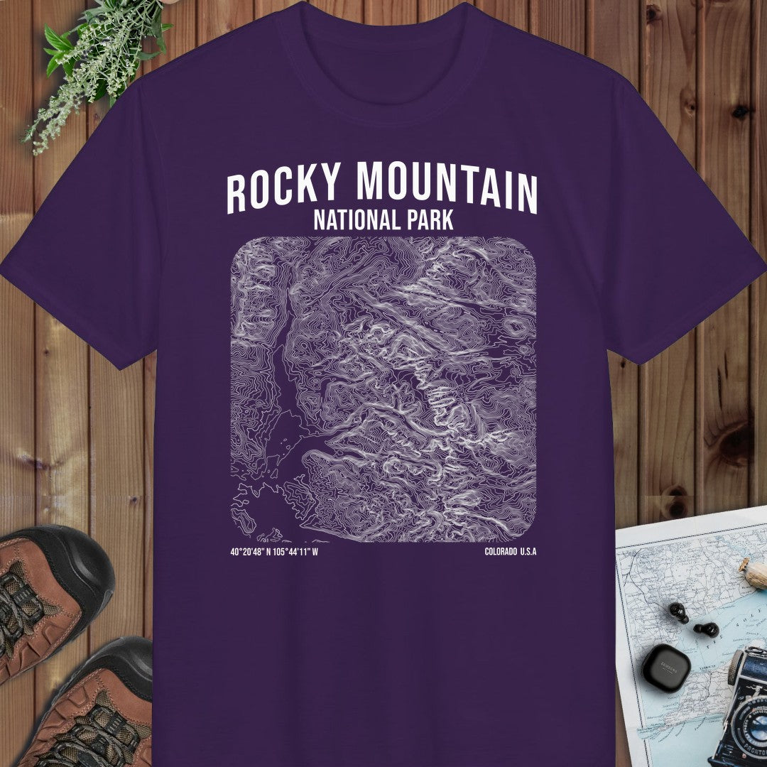 Rocky Mountain National Park Topo Lines Performance T-Shirt in Purple
