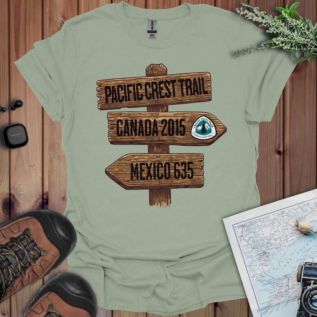 Pacific Crest Trail Unisex T-Shirt Mexico Canada 2650 Mile Sign T-Shirt Printify S Sage