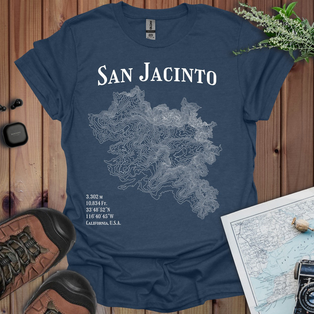 San Jacinto Peak Topo Lines T-Shirt in Heather Navy