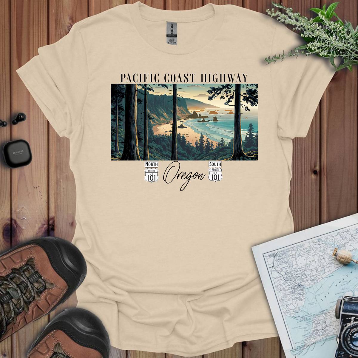 Highway 101 Oregon Coast Pacific Coast Highway Unisex Fit Soft T-Shirt T-Shirt Printify S Sand