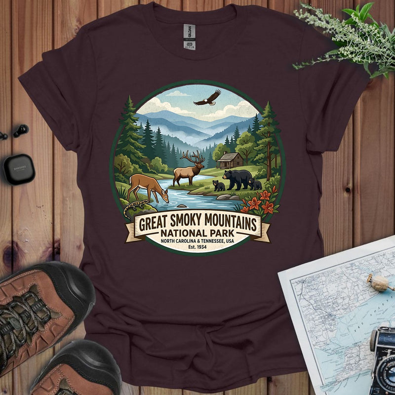 Smoky Mountain National Park Emblem Graphic T-Shirt in Dark Chocolate