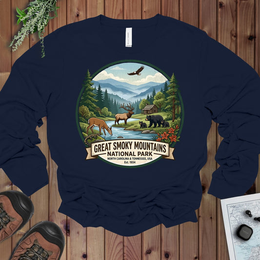 Smoky Mountain National Park Emblem Long Sleeve T-Shirt in Navy