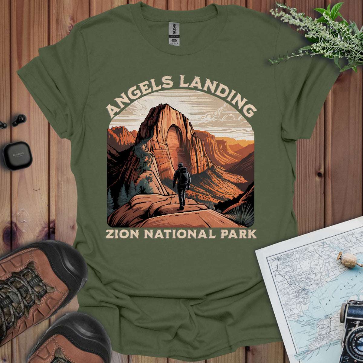 Angels Landing Zion National Park Unisex T-Shirt T-Shirt Printify Military Green S