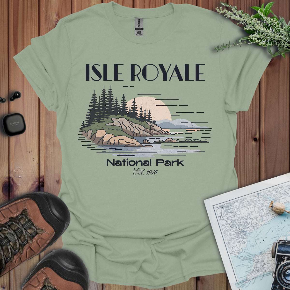 Isle Royale Superior Lines National Park Unisex T-Shirt T-Shirt Printify Sage S