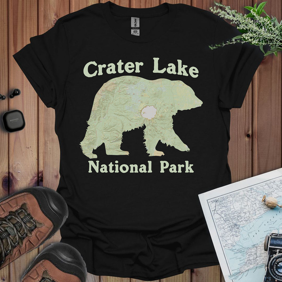 Crater Lake Topographic Bear Map National Park Unisex Fit Soft T-Shirt T-Shirt Printify