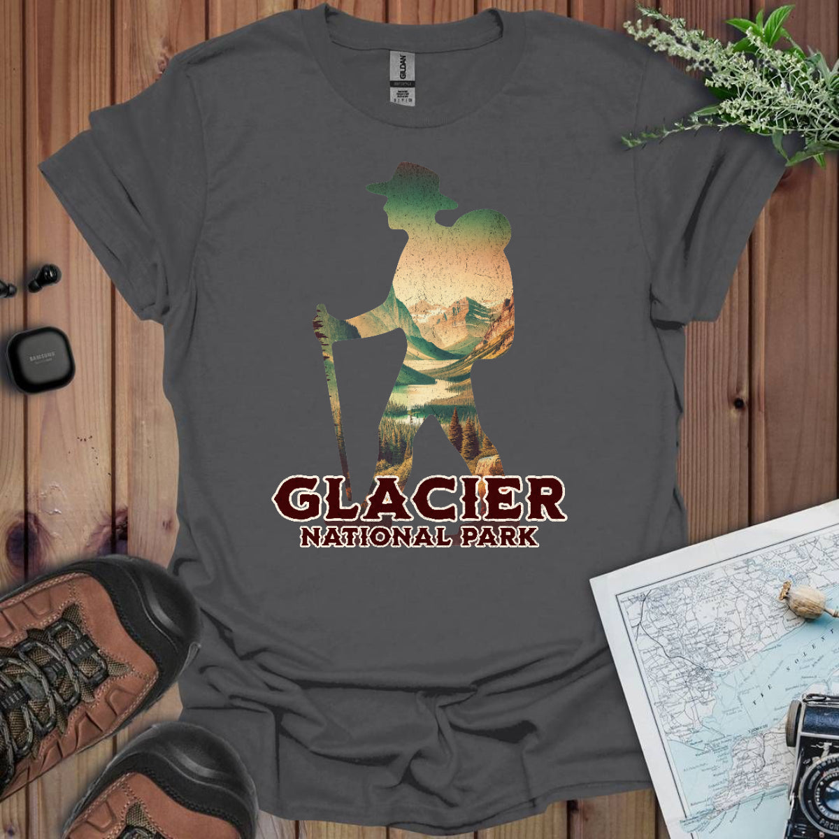 Glacier National Park Hiker Unisex T-Shirt T-Shirt Printify XS Charcoal