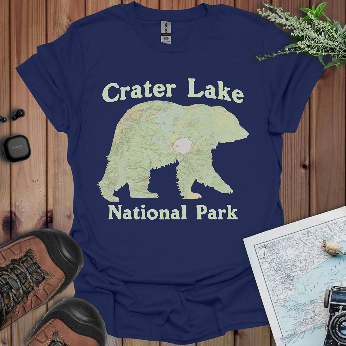 Crater Lake Topographic Bear Map National Park Unisex Fit Soft T-Shirt T-Shirt Printify Navy XS