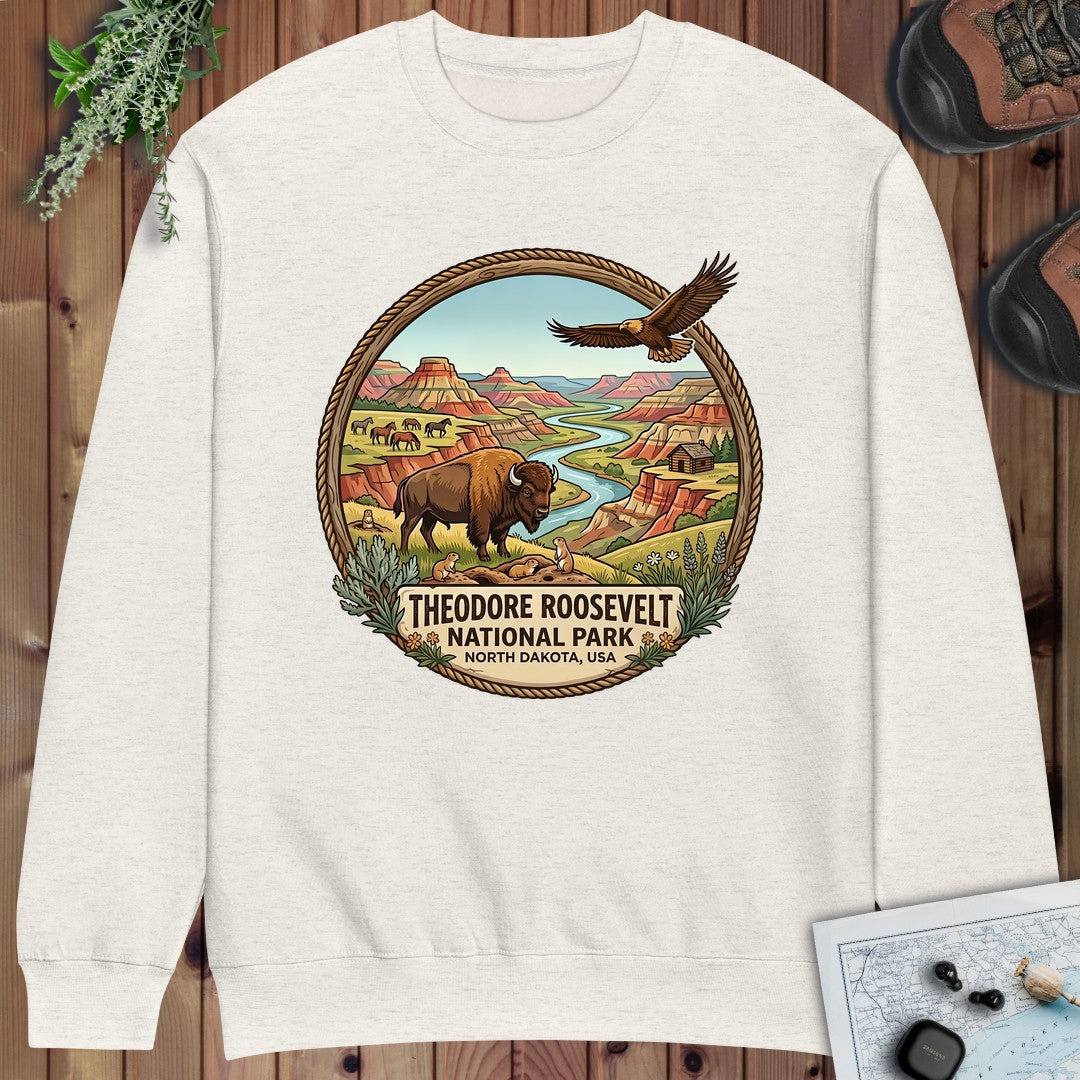 Theodore Roosevelt National Park Emblem Crewneck Sweatshirt in Oatmeal Heather