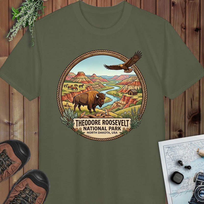 Theodore Roosevelt National Park Emblem Performance T-Shirt in Military Green