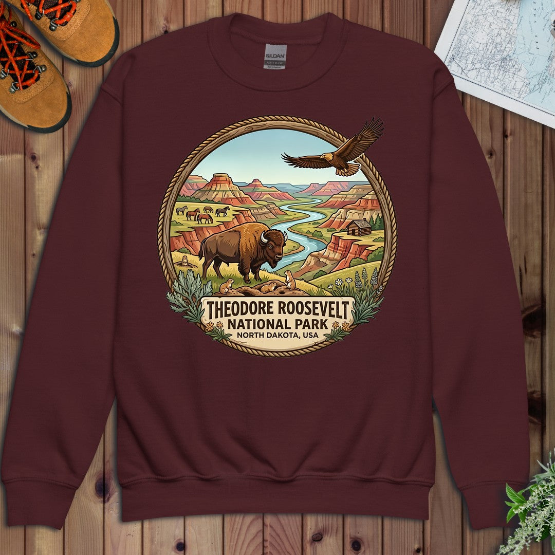 Theodore Roosevelt National Park Emblem Youth Sweatshirt in Maroon