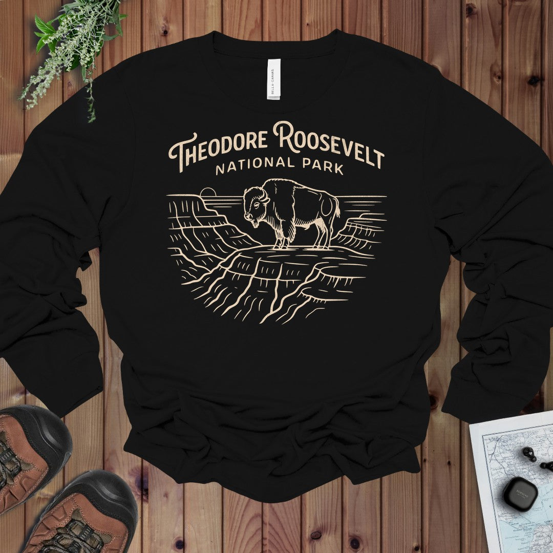 Theodore Roosevelt National Park Lines Long Sleeve T-Shirt in Black