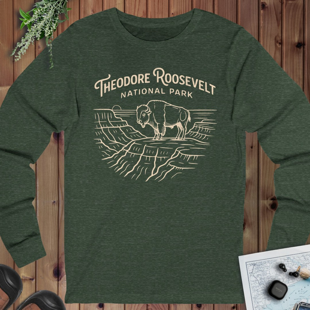 Theodore Roosevelt National Park Lines Long Sleeve T-Shirt in Heather Forest