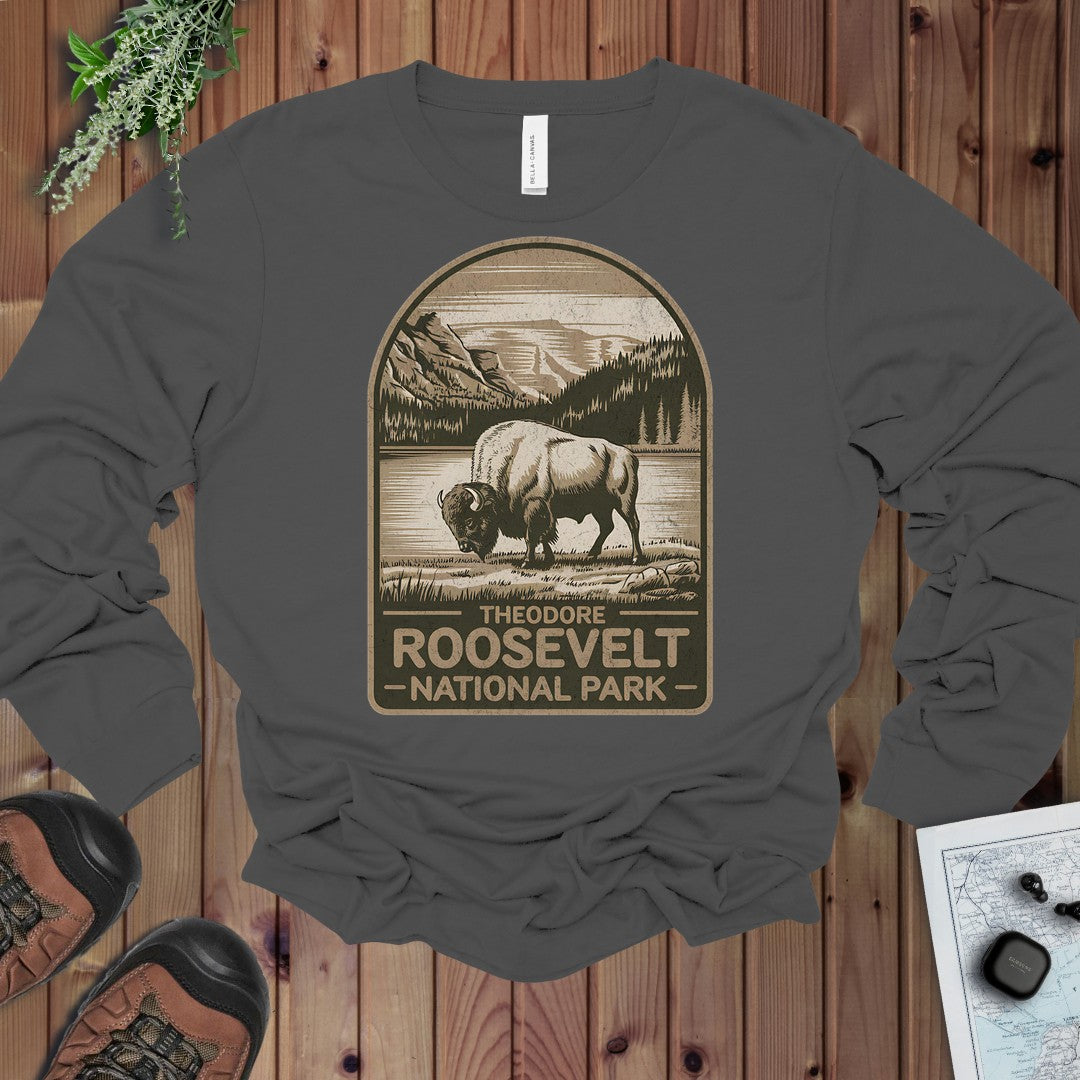 Theodore Roosevelt National Park Rustic Western Buffalo Long Sleeve T-Shirt in Asphalt