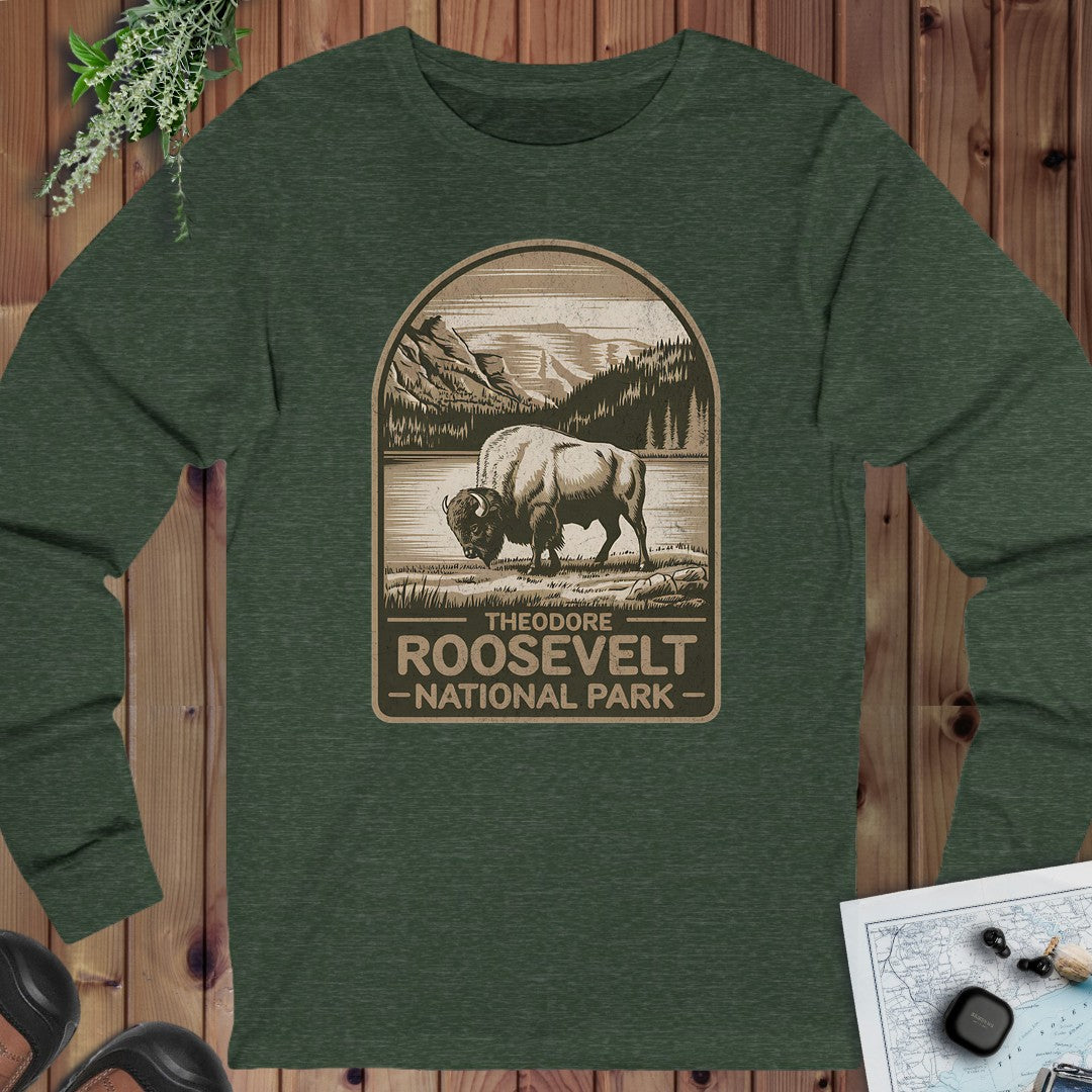 Theodore Roosevelt National Park Rustic Western Buffalo Long Sleeve T-Shirt in Heather Forest