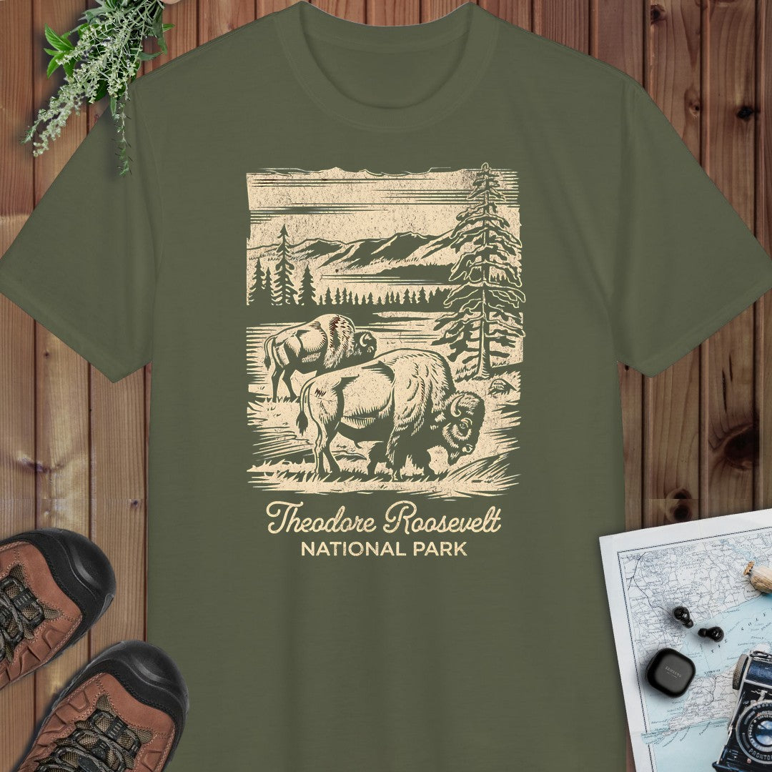 Theodore Roosevelt National Park Rustic Western Buffalo Performance T-Shirt in Military Green