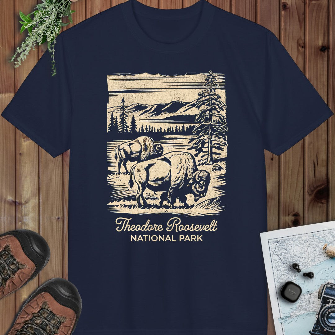 Theodore Roosevelt National Park Rustic Western Buffalo Performance T-Shirt in Navy
