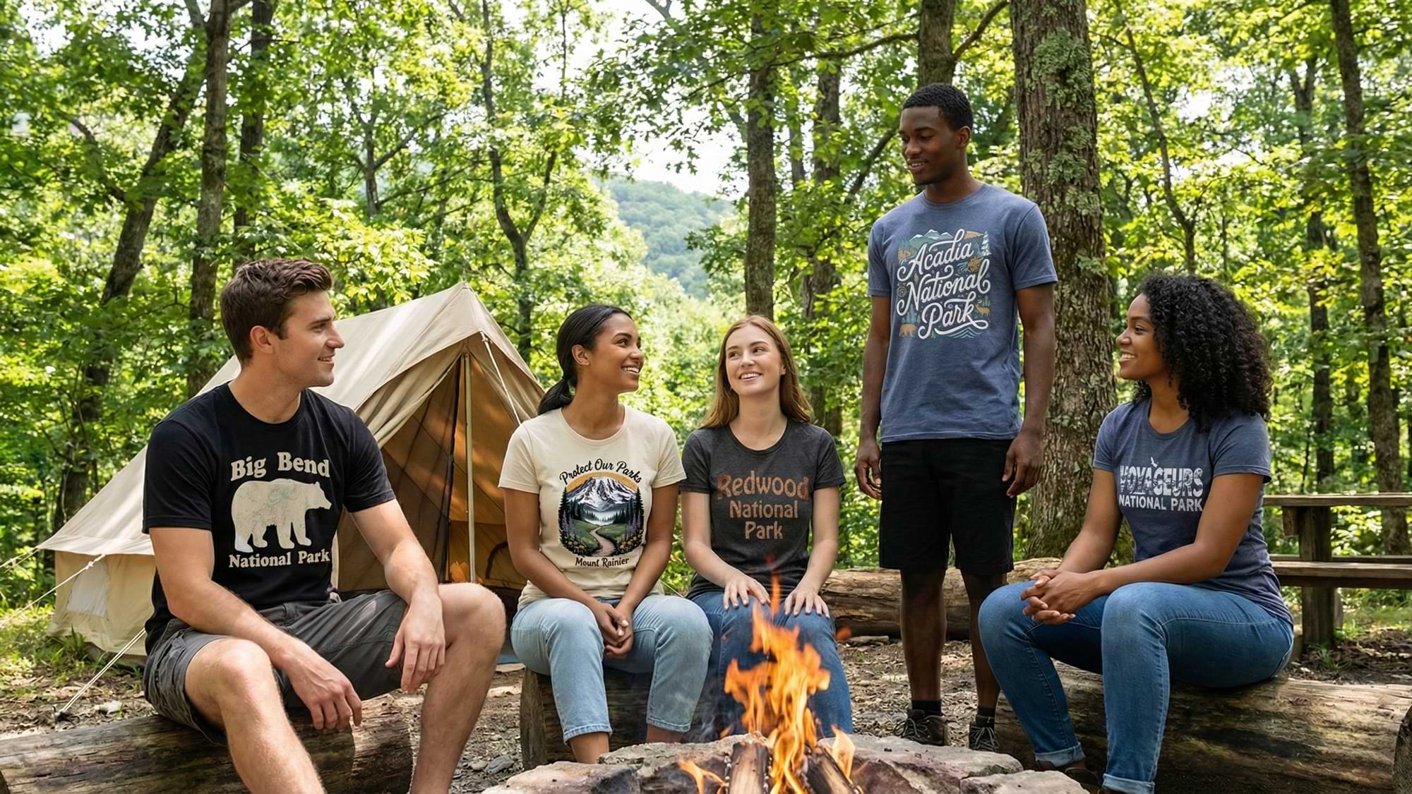 Group of people sitting around a campfire in a forest with tents in the background.