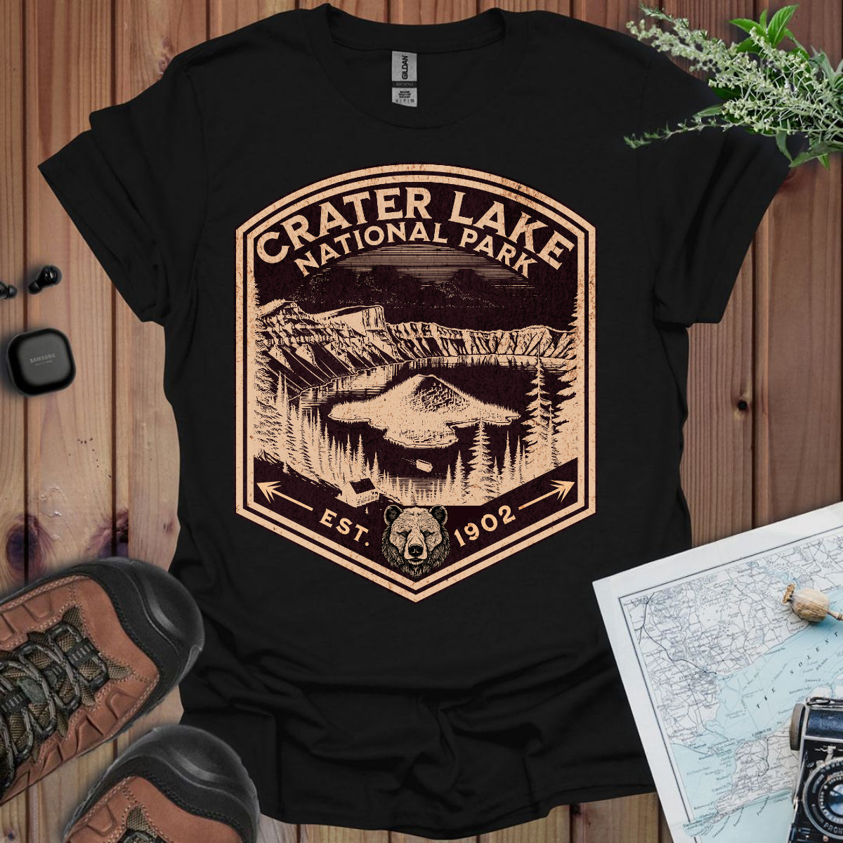 Crater Lake Shield Unisex T-Shirt T-Shirt Printify XS Black