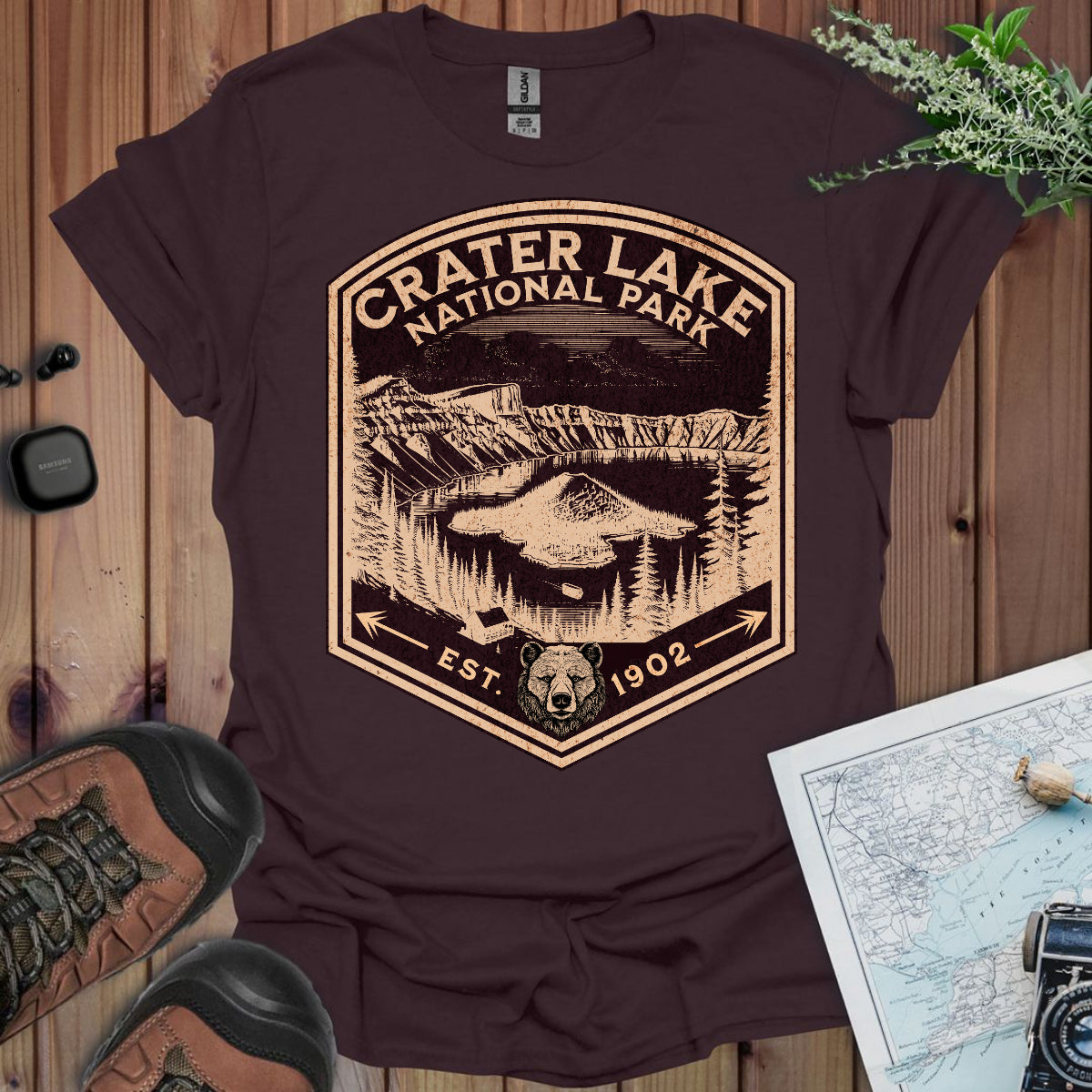 Crater Lake Shield Unisex T-Shirt T-Shirt Printify S Dark Chocolate