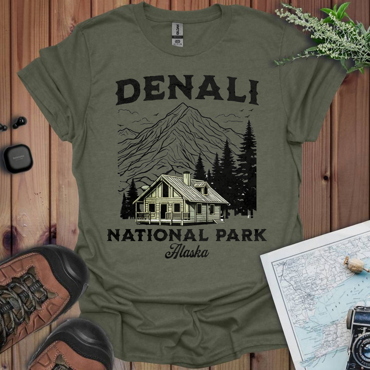 Denali Mountain Cabin Unisex T-Shirt T-Shirt Printify S Heather Military Green