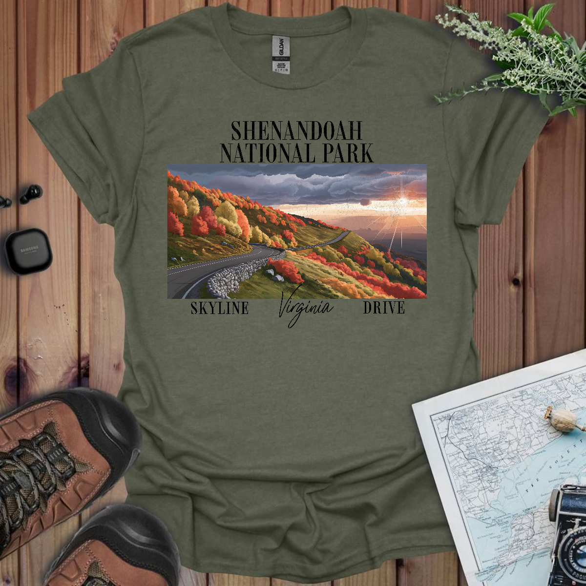 Shenandoah Skyline Drive National Park Unisex T-Shirt T-Shirt Printify S Heather Military Green