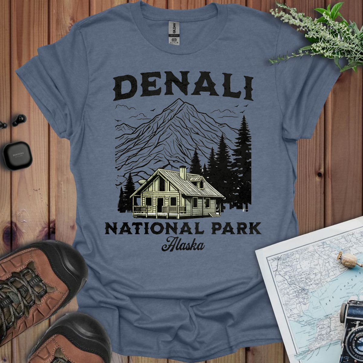 Denali Mountain Cabin Unisex T-Shirt T-Shirt Printify S Heather Indigo