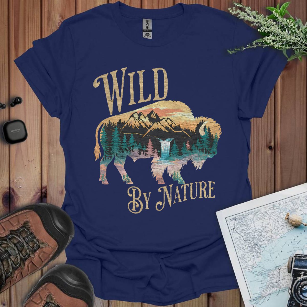 Wild By Nature Unisex Fit Soft T- Shirt Scenic Buffalo Tee T-Shirt Printify XS Navy