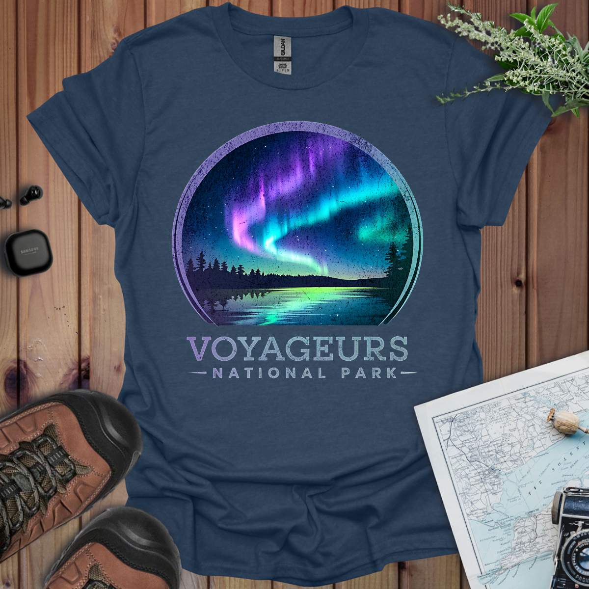 Voyageurs National Park Unisex T-Shirt Northern Lights T-Shirt Printify XS Heather Navy