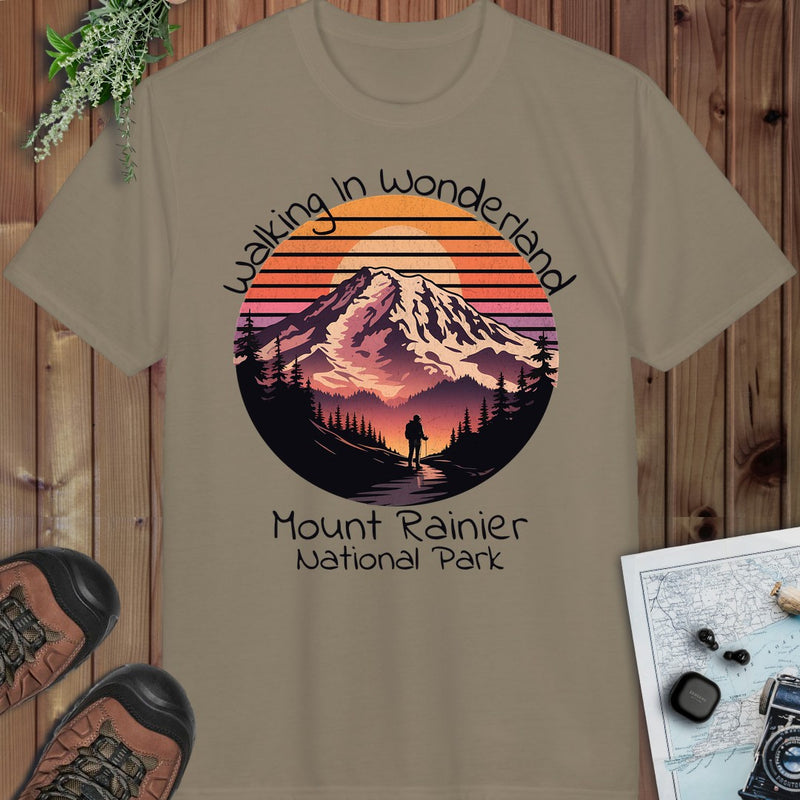 Walking In Wonderland Mount Rainier National Park Performance T-Shirt in Prairie Dust