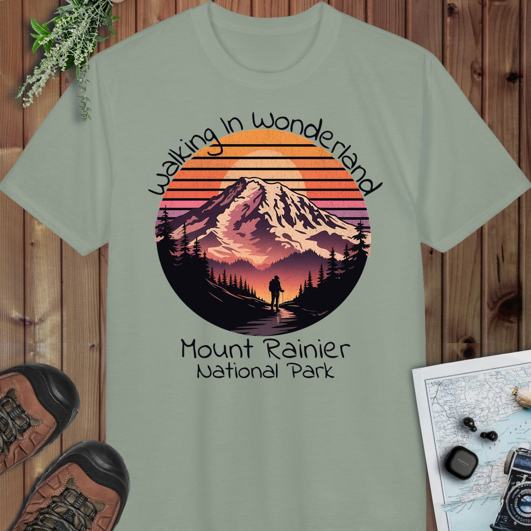 Walking In Wonderland Mount Rainier National Park Performance T-Shirt in Sage