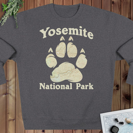 Yosemite Bear Paw National Park Topo T-shirt Crewneck Sweatshirt in Charcoal Heather