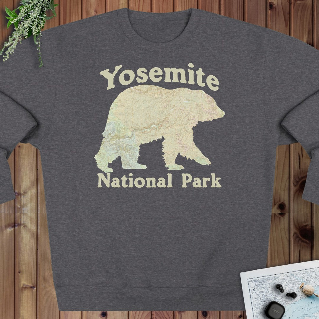Yosemite National Park Topo Bear T-shirt Crewneck Sweatshirt in Charcoal Heather