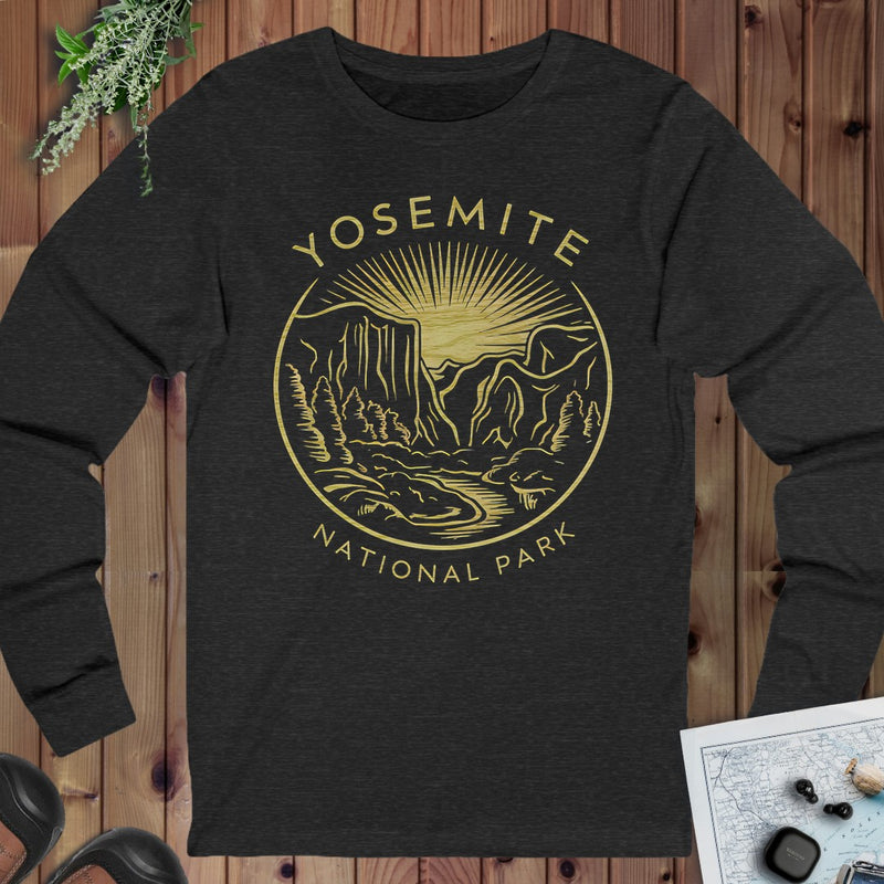 Yosemite National Park Valley Outline Art Long Sleeve T-Shirt in Dark Grey Heather
